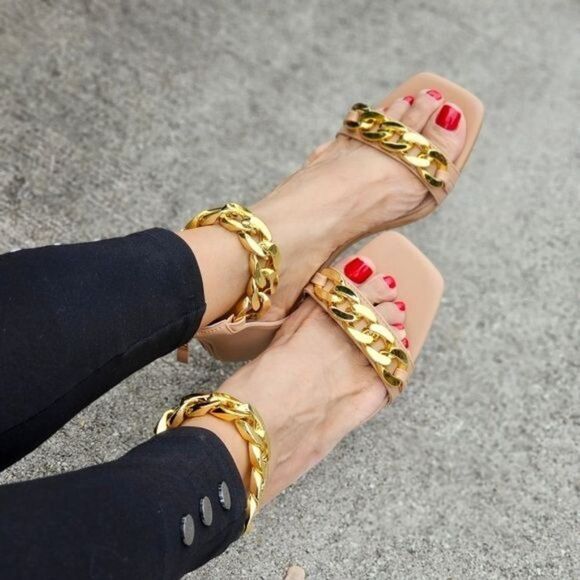 Shoes - Womens Ankle Strap Heels Chains Stiletto Sandals Nude Color